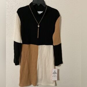 Rare Editions Black, Brown & White Big Girls Color Block Knit Dress, 2-Piece Set
